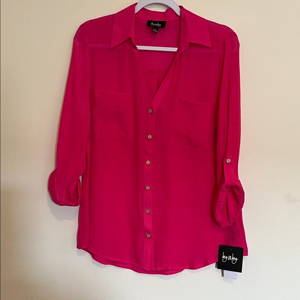 by & by Hot Pink V-Neck Button-Front Roll-Sleeve Blouse